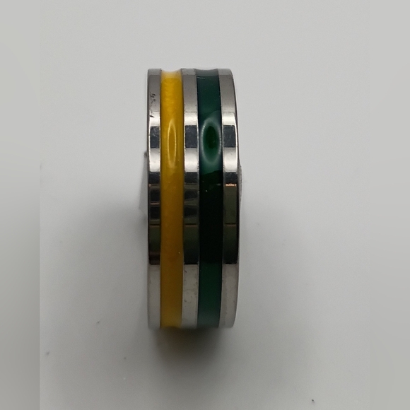 Stainless Steel Band Ring Silver with Yellow and Green Accents US Size 5 - Picture 2 of 3